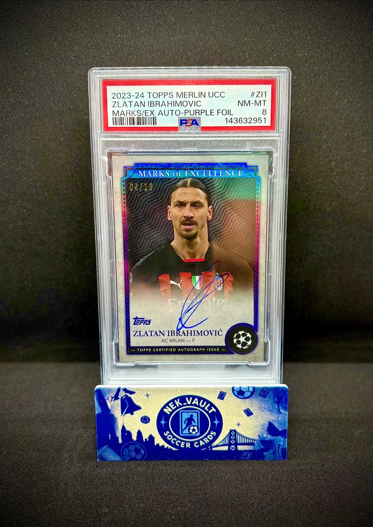 PSA 8 2023-24 Topps Merlin UCC Zlatan Ibrahimović Marks of Excellence Purple Foil autograph card numbered 01/10